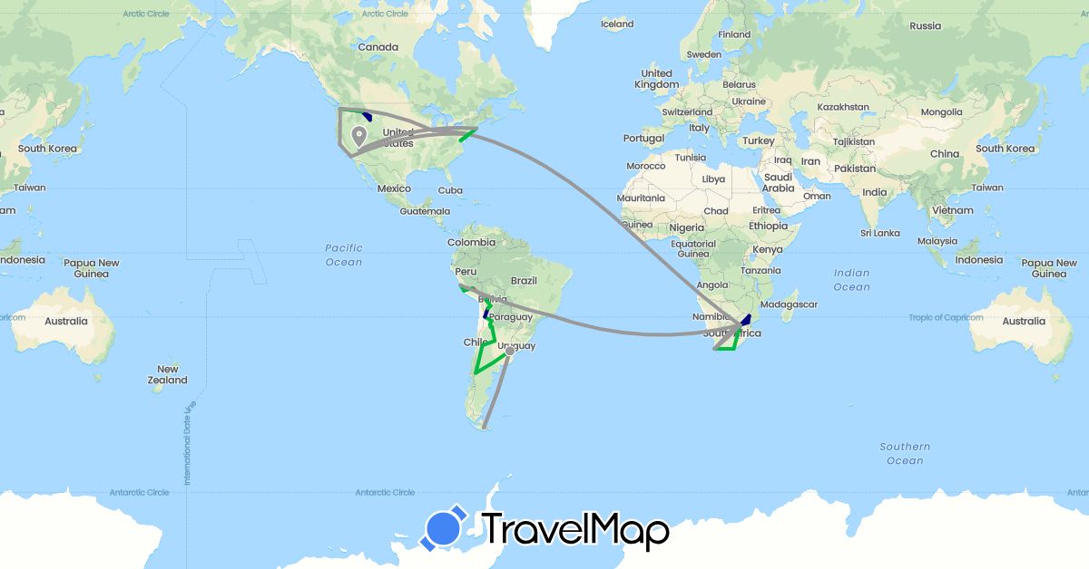 TravelMap itinerary: driving, bus, plane, hiking in Argentina, Bolivia, Brazil, Chile, Peru, United States, South Africa (Africa, North America, South America)